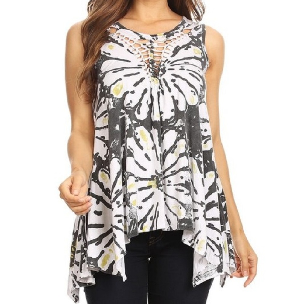 T Party Black White Yellow Batik Floral Sleeveless Tunic Top